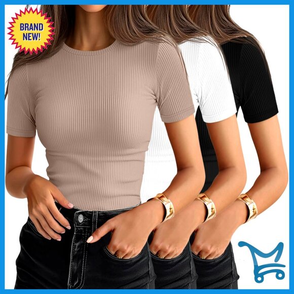 Tops - 3 Pack Ribbed Cotton Tees, Short Sleeve Crewneck Fitted Tops